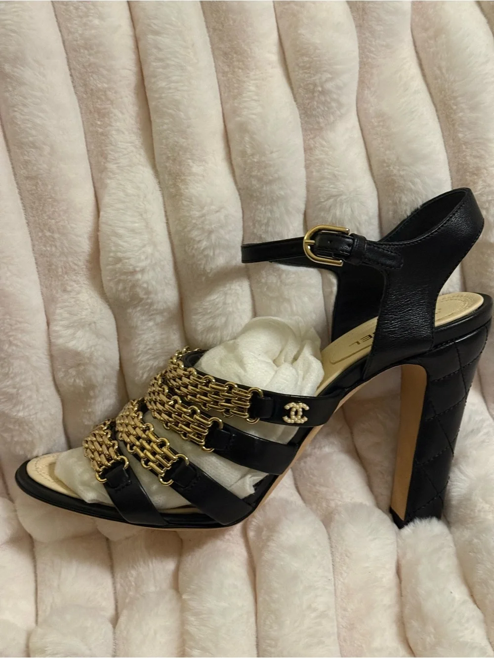CHANEL Black Leather High-Heel Sandals with Gold Chain Straps